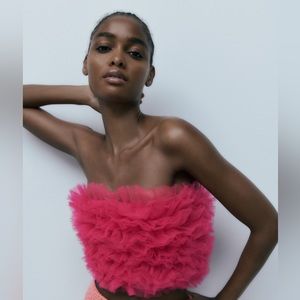 NWT ZARA Knit Pink Tule Kamisole Organza Top Fuchsia Neon Stretchy Corset